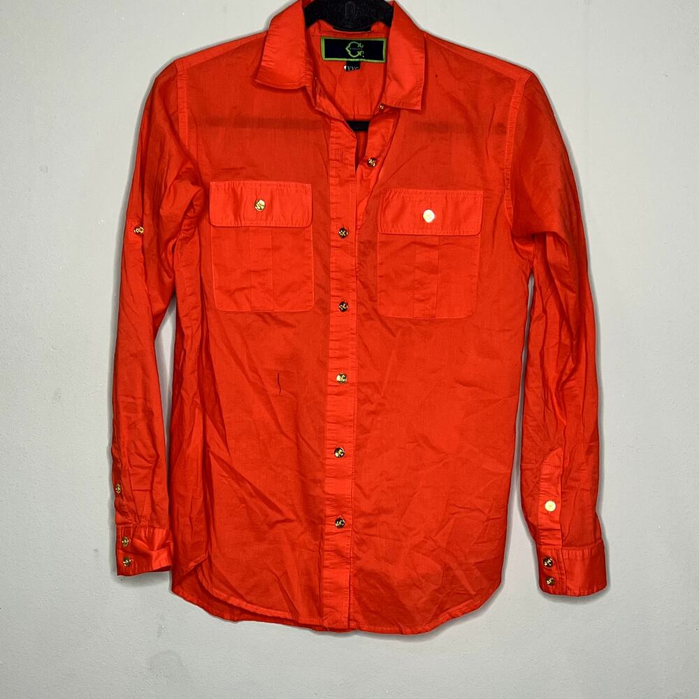 C Wonder Red Orange 100% Cotton‎ Chest Pocket Long Sleeve Button-Down Shirt XXS